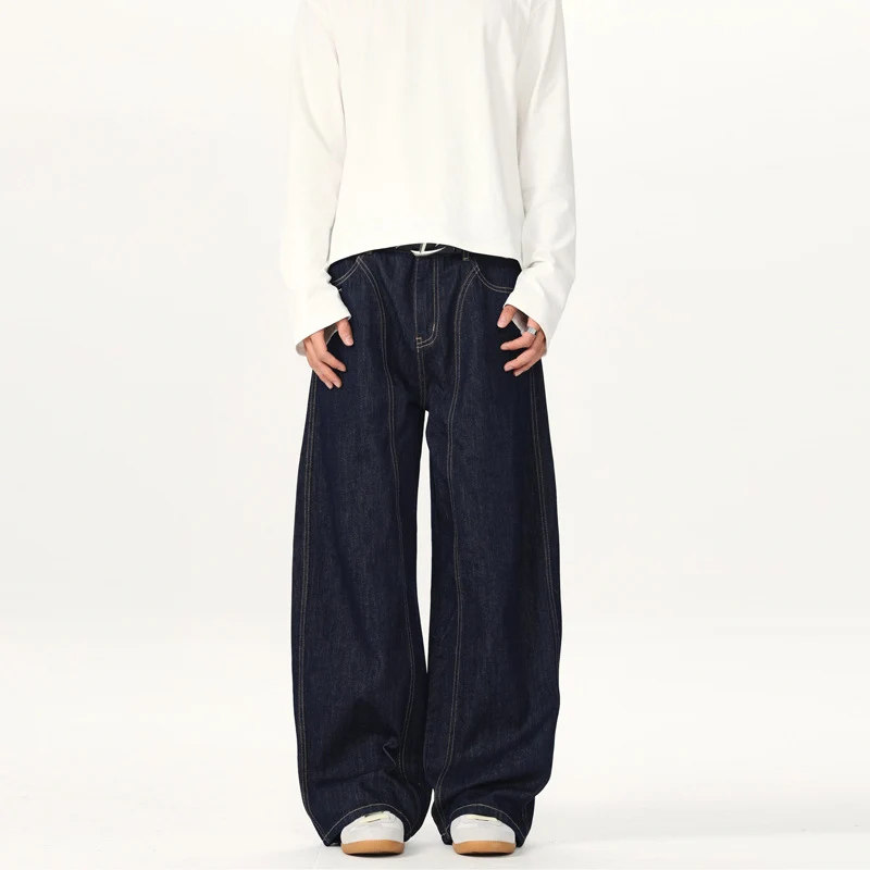 Unisex Ultraweite tiefsitzende Baggy-Jeans aus rohem Denim mit Kontrastnähten Nord Taschen