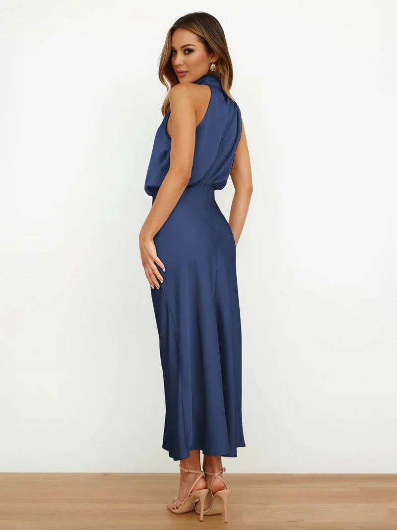 Lange Satin Brautjungfernkleid Unregelmäßiger Rollkragen Halsband Ärmless Elegant Abendkleid für Hochzeit