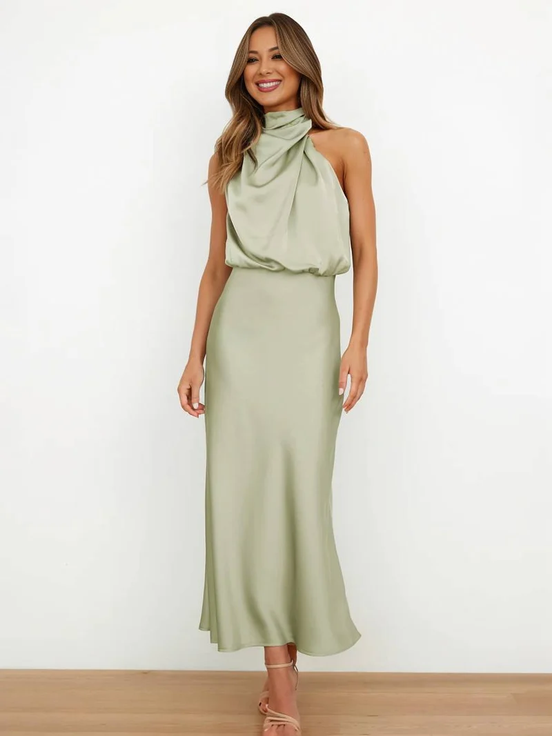 Lange Satin Brautjungfernkleid Unregelmäßiger Rollkragen Halsband Ärmless Elegant Abendkleid für Hochzeit