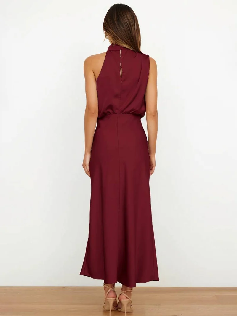Lange Satin Brautjungfernkleid Unregelmäßiger Rollkragen Halsband Ärmless Elegant Abendkleid für Hochzeit