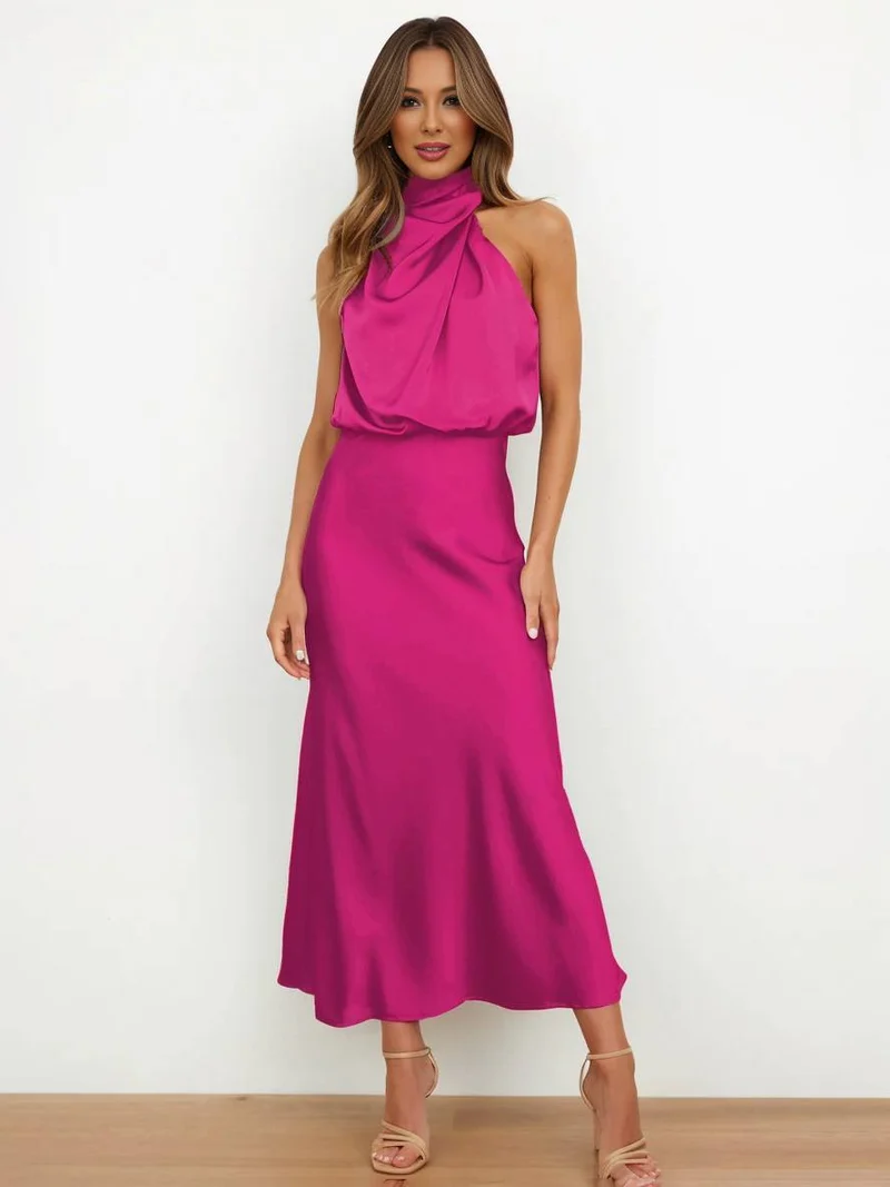 Lange Satin Brautjungfernkleid Unregelmäßiger Rollkragen Halsband Ärmless Elegant Abendkleid für Hochzeit