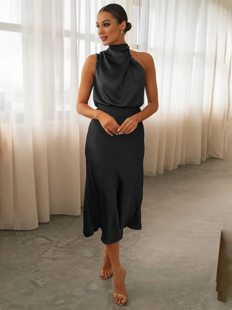 Lange Satin Brautjungfernkleid Unregelmäßiger Rollkragen Halsband Ärmless Elegant Abendkleid für Hochzeit
