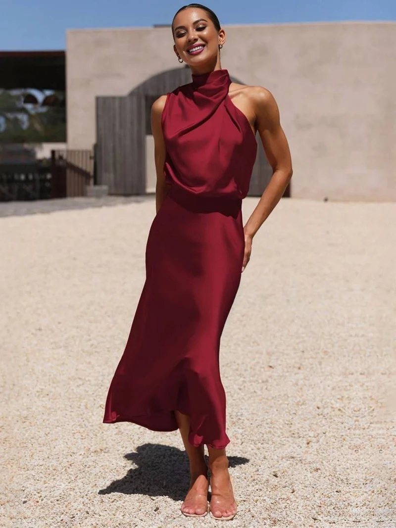 Lange Satin Brautjungfernkleid Unregelmäßiger Rollkragen Halsband Ärmless Elegant Abendkleid für Hochzeit