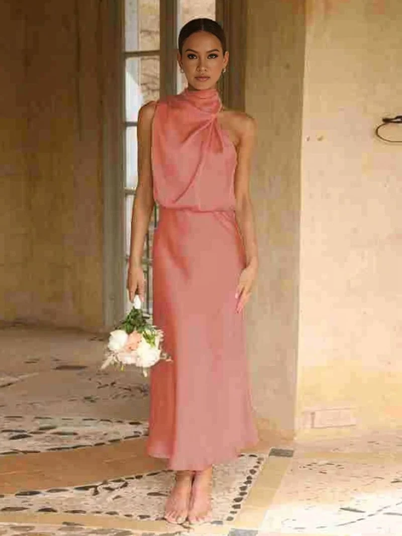 Lange Satin Brautjungfernkleid Unregelmäßiger Rollkragen Halsband Ärmless Elegant Abendkleid für Hochzeit