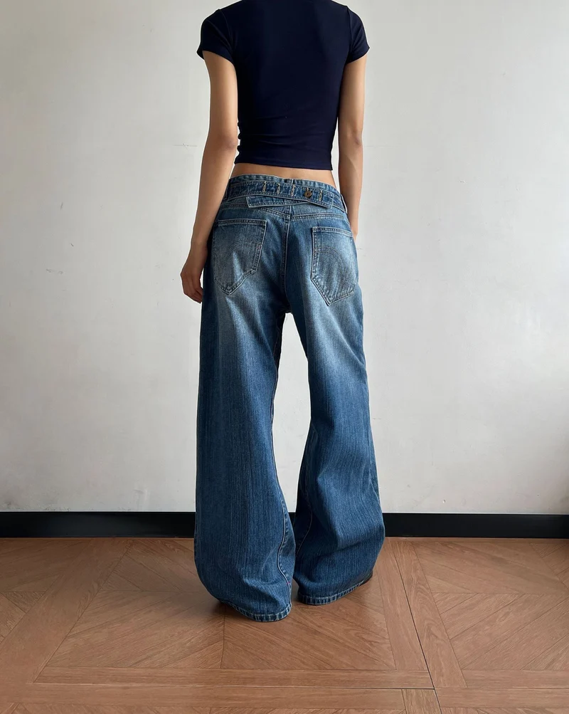Damen Ultraweit geschnittene Canvas-Five-Pocket-Hose mit tiefer Bundlinie Nord Taschen