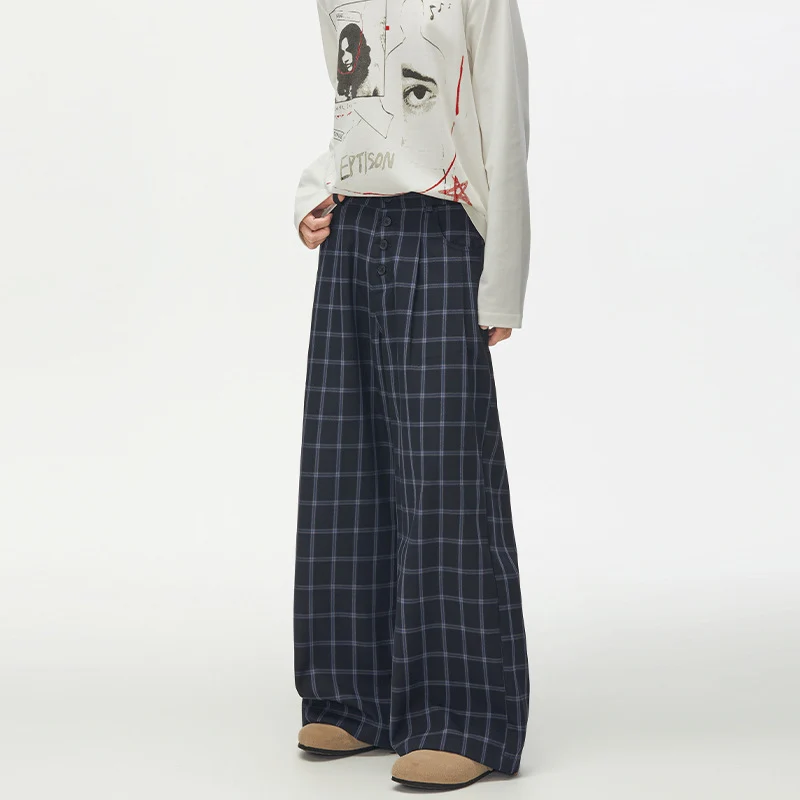 Damen Karierte Extraweite High-Waist Palazzo-Hose mit Knopfleiste Nord Taschen