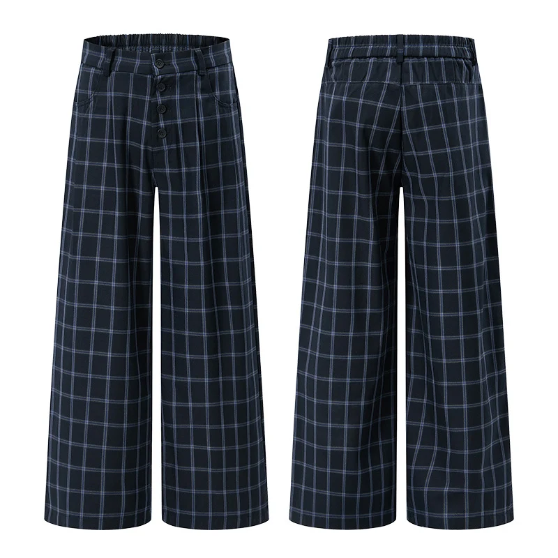 Damen Karierte Extraweite High-Waist Palazzo-Hose mit Knopfleiste Nord Taschen