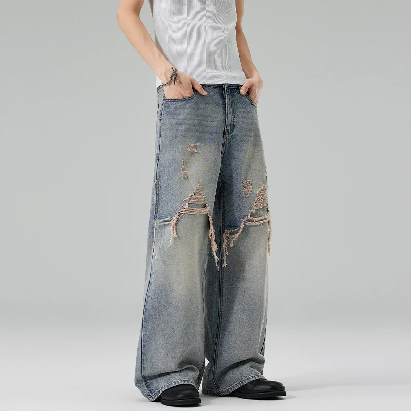 Herren Weite Baggy-Jeans aus Denim mit ausgefransten Vorderpanelen Nord Taschen