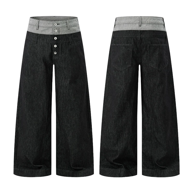 Herren Weit geschnittene Doppelbund-Denim-Palazzohose mit sichtbarer Knopfleiste Nord Taschen