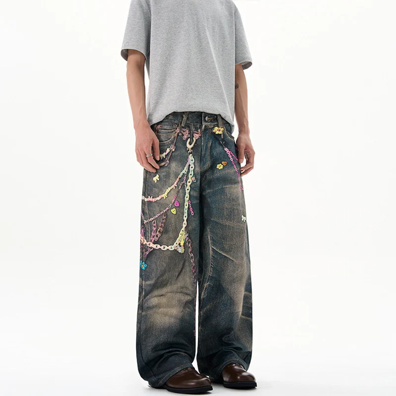 Herren Baggy-Denim-Jeans mit handbemaltem Kettenprint und Applikationen Nord Taschen