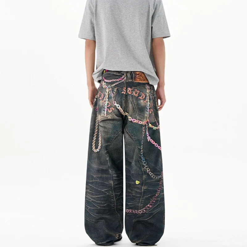 Herren Baggy-Denim-Jeans mit handbemaltem Kettenprint und Applikationen Nord Taschen
