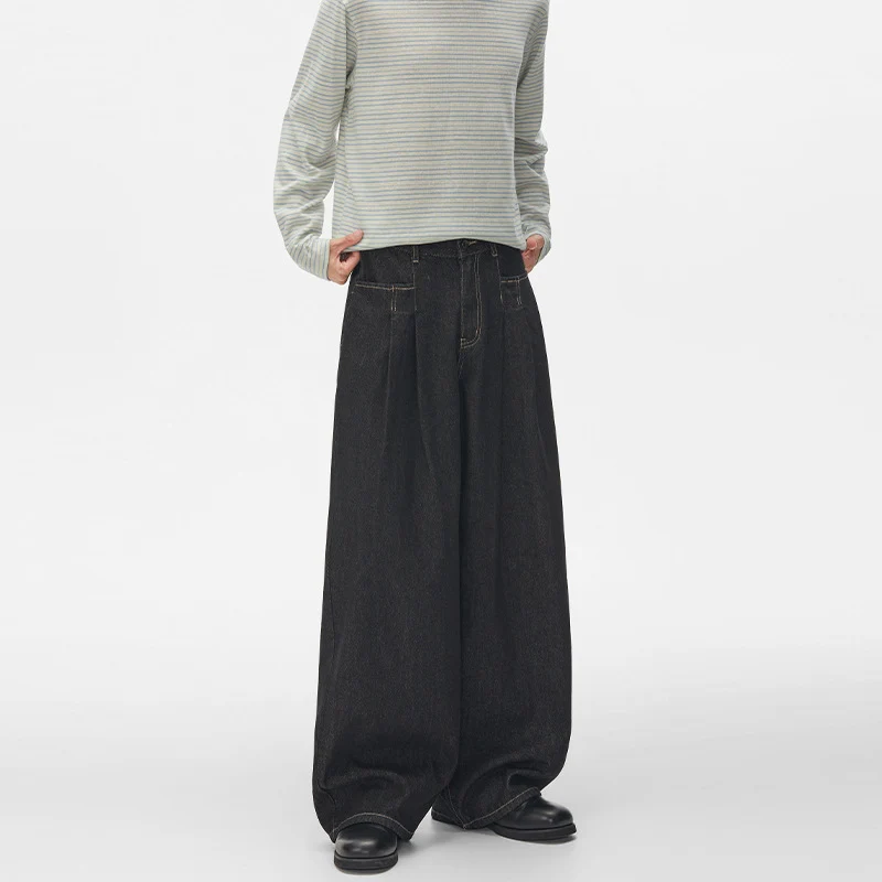 Damen High‑Waist Plissée-Denim-Palazzohose mit ultrabreitem Bein und verlängertem Saum Nord Taschen