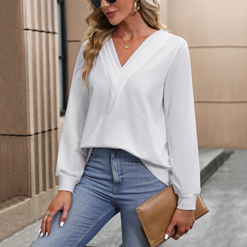Damen Elegante Bluse mit V-Ausschnitt und langen Ärmeln Nord Taschen