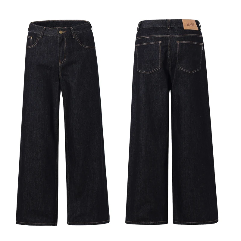 Damen Weite tiefsitzende Baggy-Denimhose im Marlene-Stil mit Kontrastnähten Nord Taschen