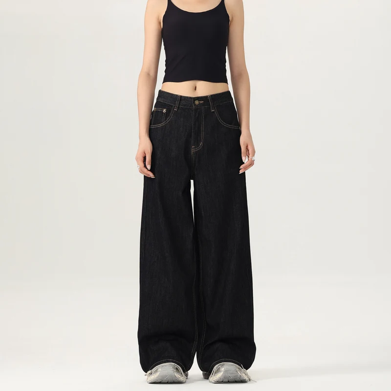 Damen Weite tiefsitzende Baggy-Denimhose im Marlene-Stil mit Kontrastnähten Nord Taschen