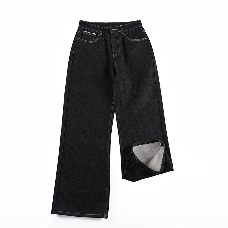 Damen Weite gefütterte Denim-Palazzo-Jeans mit mittelhohem Bund Nord Taschen