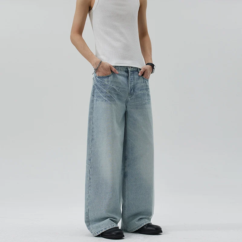 Damen Extraweite Stonewashed Denim-Palazzohose mit tiefem Schritt und geradem Saum Nord Taschen