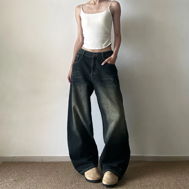 Damen Extraweite Low‑Rise Baggy-Jeans im Vintage-Waschung Nord Taschen