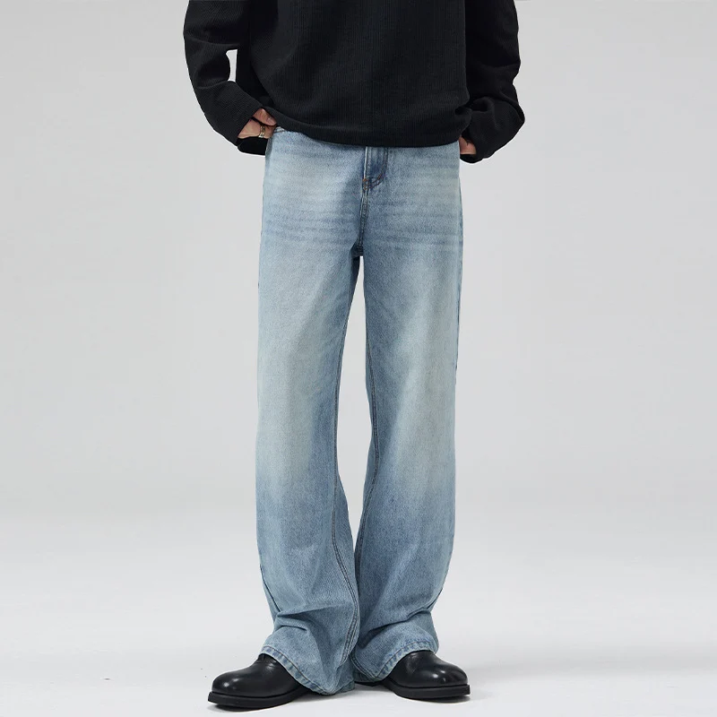 Herren Leicht verwaschene Ultraweite Denim-Marlenehose mit bodenlangem Saum Nord Taschen