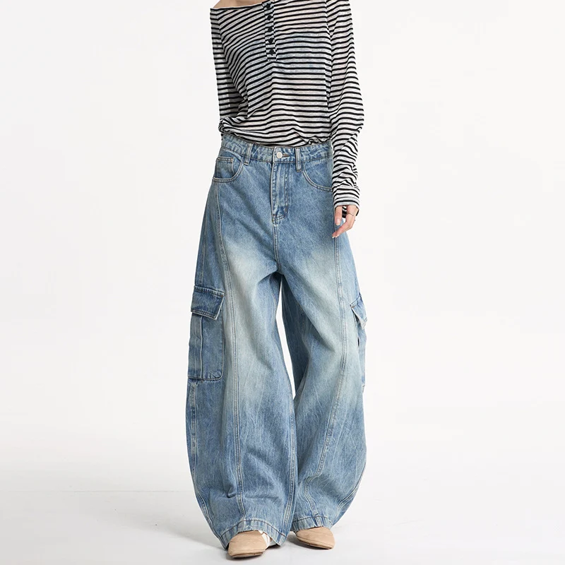 Damen Weite Cargo-Denim-Palazzohose im Baggy-Cut Nord Taschen