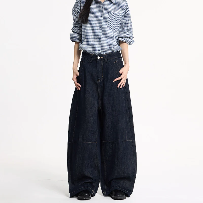 Damen Extraweite High‑Waist Denim‑Hose mit bodenlangem weitem Bein Nord Taschen