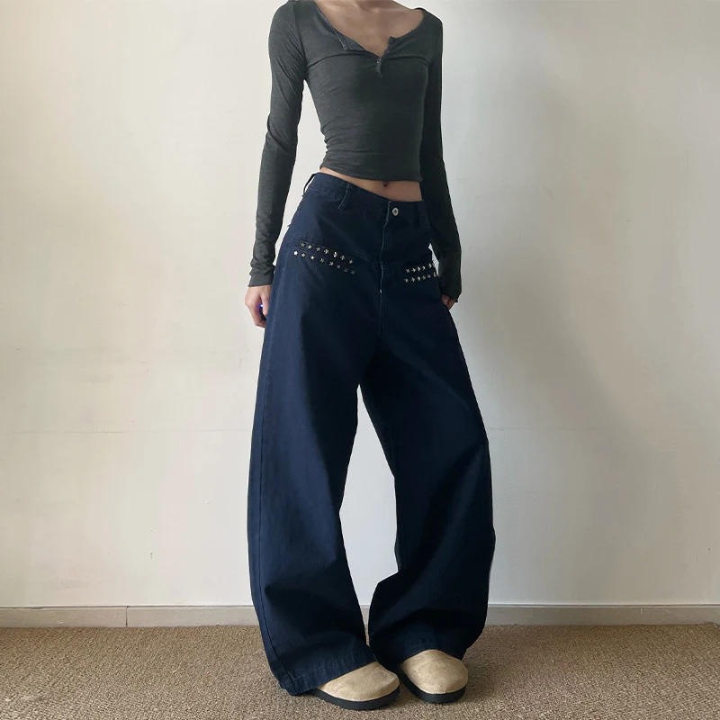 Damen Extraweite High‑Waist Baumwoll-Twill-Hose mit Nietenbesatz und Palazzoschnitt Nord Taschen
