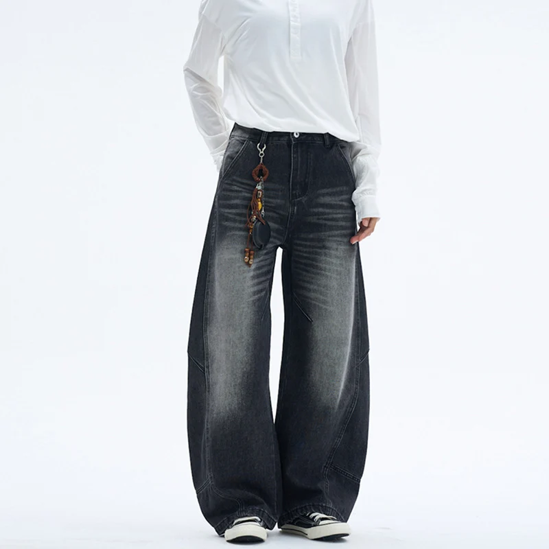 Damen Extraweite Denim-Palazzohose mit Paneelnähten und bodenlangem Saum Nord Taschen