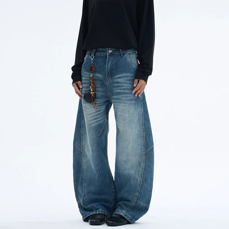 Damen Extraweite Denim-Palazzohose mit Paneelnähten und bodenlangem Saum Nord Taschen