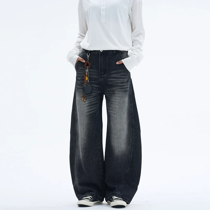 Damen Extraweite Denim-Palazzohose mit Paneelnähten und bodenlangem Saum Nord Taschen