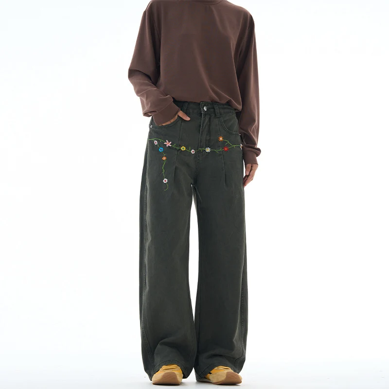 Damen Extraweite Denim-Palazzohose mit floraler Stickerei Nord Taschen