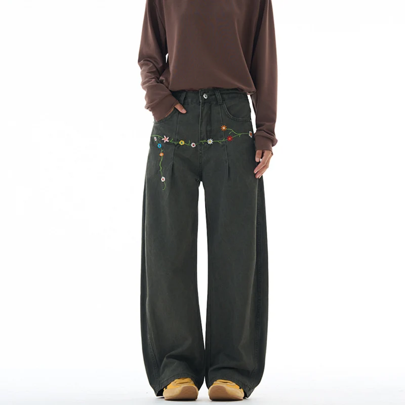 Damen Extraweite Denim-Palazzohose mit floraler Stickerei Nord Taschen
