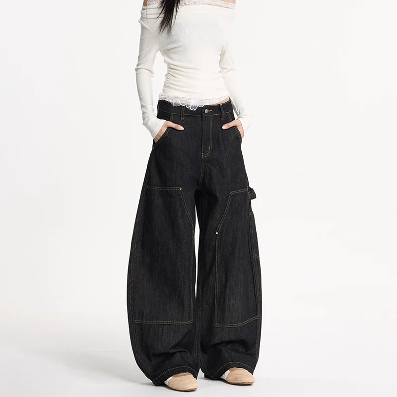 Damen Extraweite Denim-Palazzohose im Cargostil mit tiefem Schritt, Kontrastnähten und Utility‑Details Nord Taschen