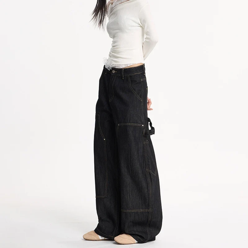 Damen Extraweite Denim-Palazzohose im Cargostil mit tiefem Schritt, Kontrastnähten und Utility‑Details Nord Taschen