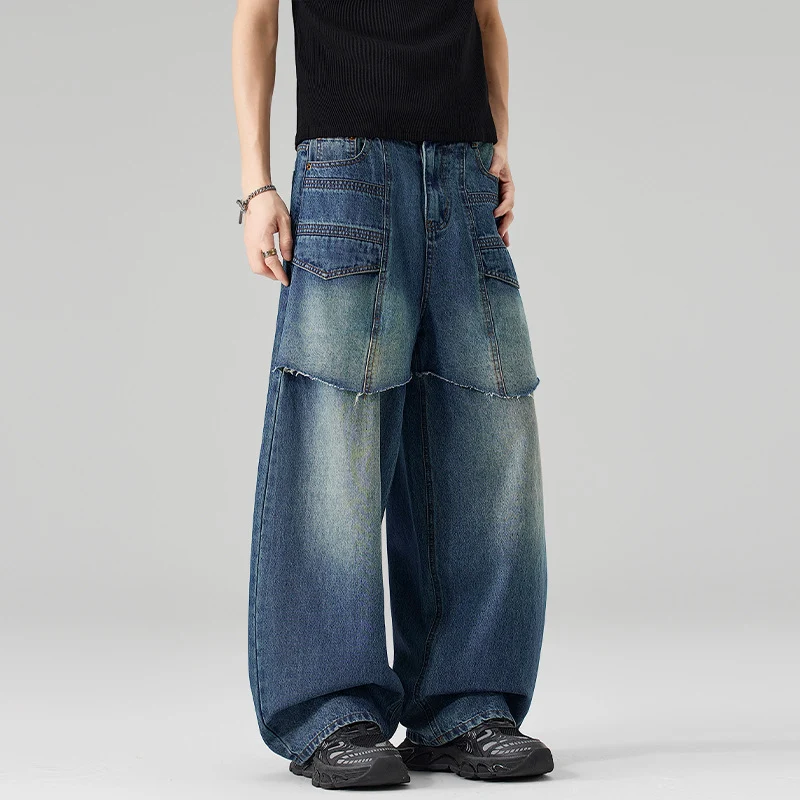 Damen Extraweite Denim-Palazzo-Hose mit aufgesetzten Vorderpanelen und Used-Waschung Nord Taschen