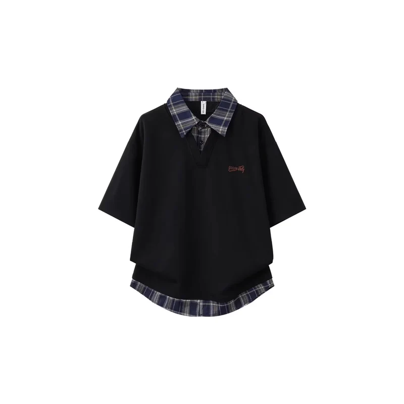 Damen Sportliches Oversized-T-Shirt mit kariertem Kragen Nord Taschen
