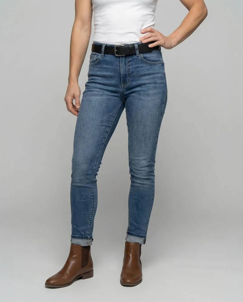 Damen schmal geschnittene Jeans mit umgeschlagenem Saum, elastischem Komfortbund und dezenter Used-Optik