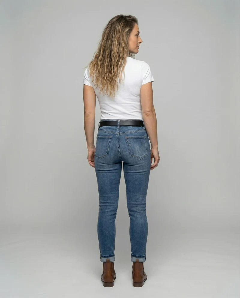 Damen schmal geschnittene Jeans mit umgeschlagenem Saum, elastischem Komfortbund und dezenter Used-Optik
