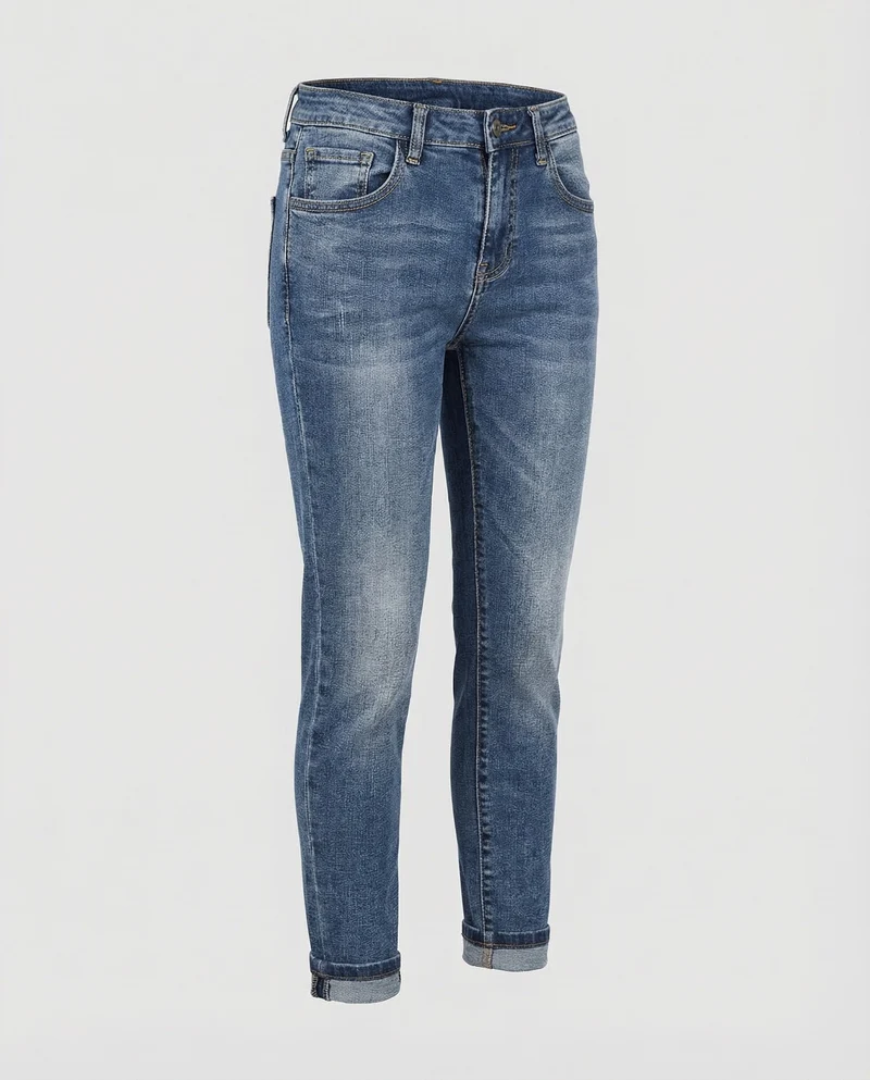 Damen schmal geschnittene Jeans mit umgeschlagenem Saum, elastischem Komfortbund und dezenter Used-Optik