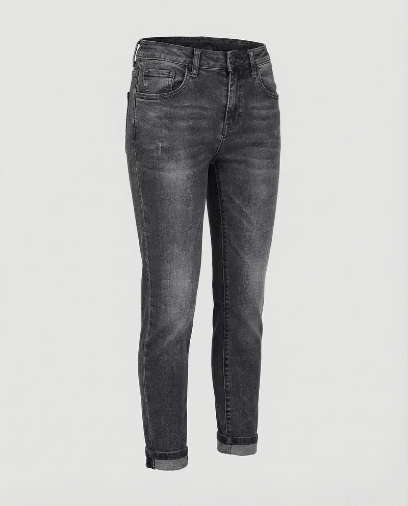 Damen schmal geschnittene Jeans mit umgeschlagenem Saum, elastischem Komfortbund und dezenter Used-Optik