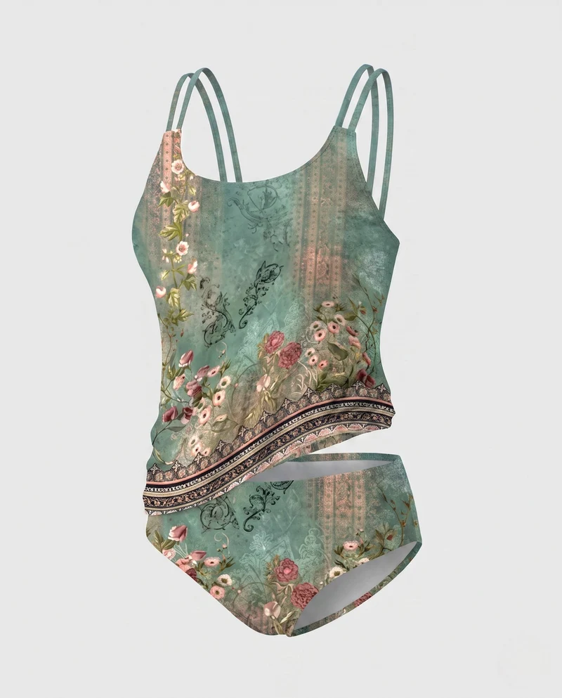 Damen Badeanzug mit dekorativem Blumenmuster und modischen Trägerschnüren Nord Taschen