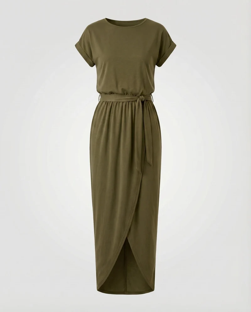 Damen Jersey-Maxikleid Tunnelzug Überlappende Front