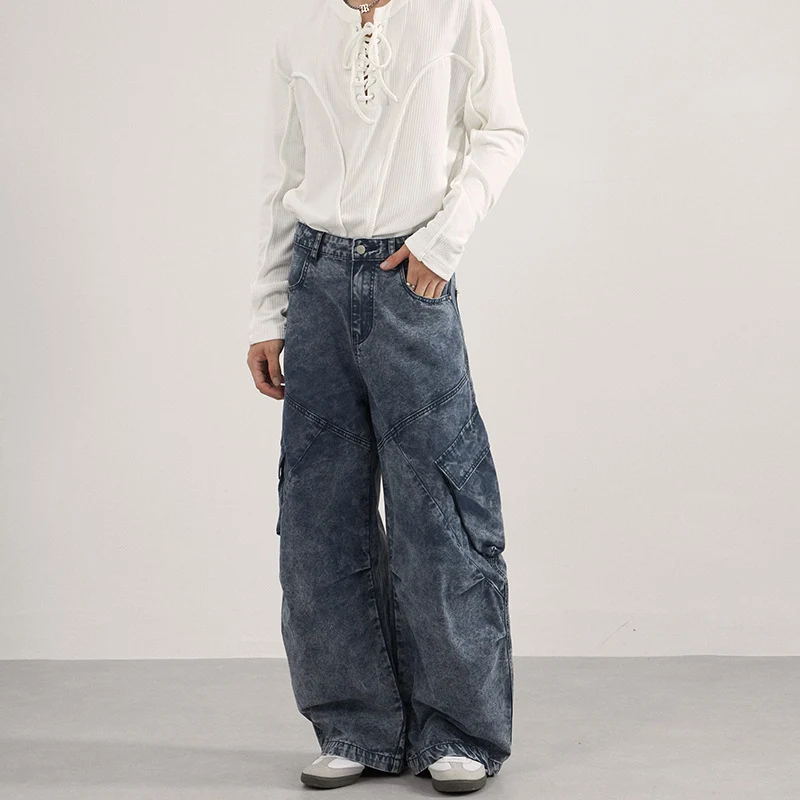 Damen Extraweite Cargo-Denim-Palazzohose mit diagonalem Nahtdesign und großen Klappentaschen Nord Taschen