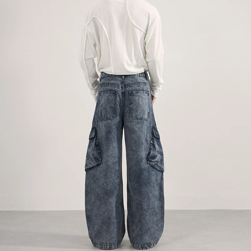 Damen Extraweite Cargo-Denim-Palazzohose mit diagonalem Nahtdesign und großen Klappentaschen Nord Taschen