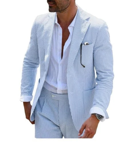 Herren sommerlicher Seersucker-Anzug mit ungefüttertem Sakko, schmaler Passform und Faltenhose
