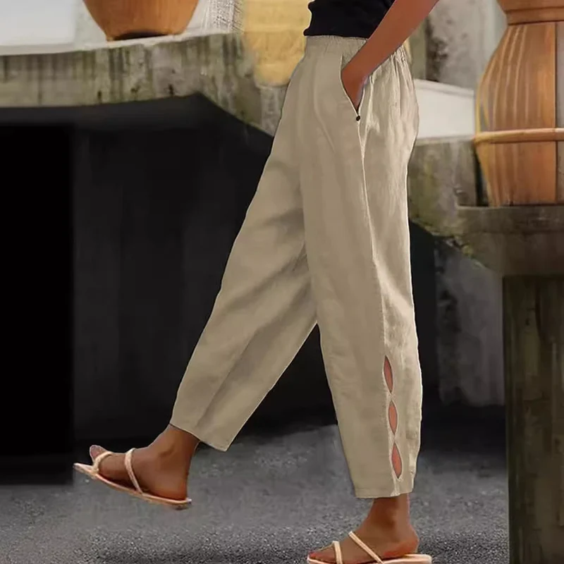 Damen Leichte Leinenhose mit seitlichen Schlitzen und elastischem Bund