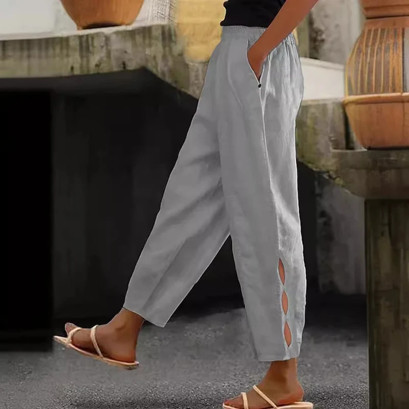 Damen Leichte Leinenhose mit seitlichen Schlitzen und elastischem Bund
