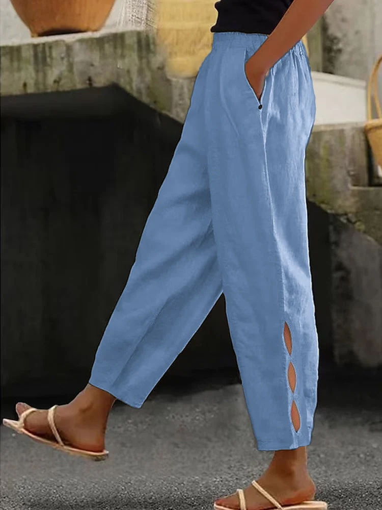 Damen Leichte Leinenhose mit seitlichen Schlitzen und elastischem Bund