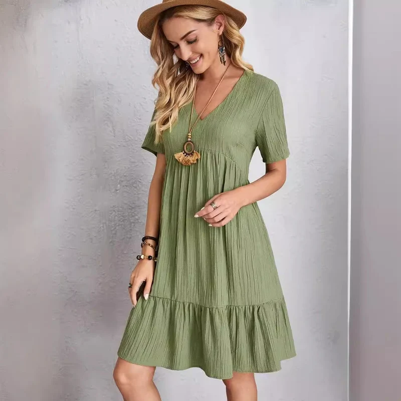Damen lässiges V-Ausschnitt Kleid mit Schößchen und Rüschendetails