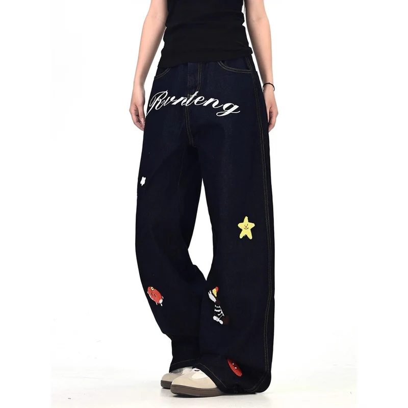 Damen Weitgeschnittene Kostümjeans mit buntem Stickdesign Nord Taschen