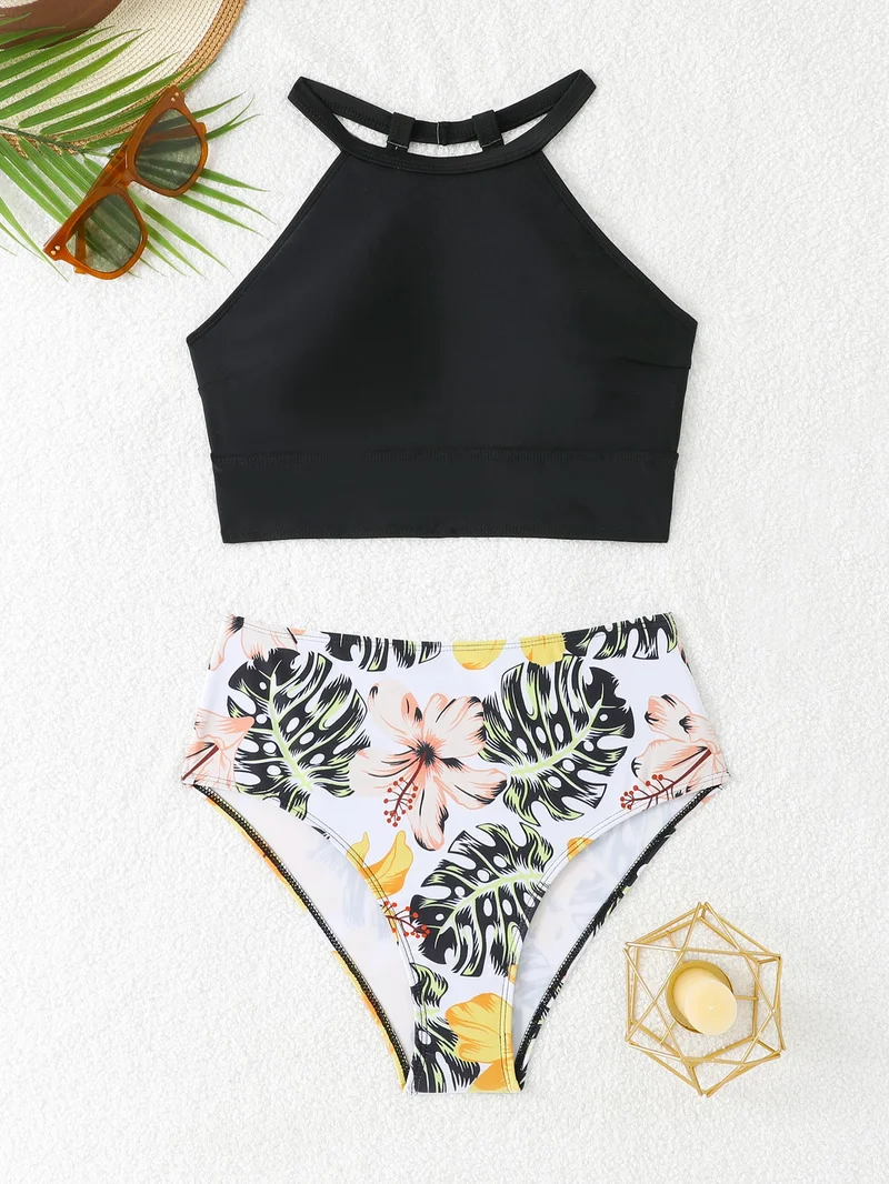 Damen Sportlicher Bikini-Set mit hohem Bund und rückenfreier Oberseite